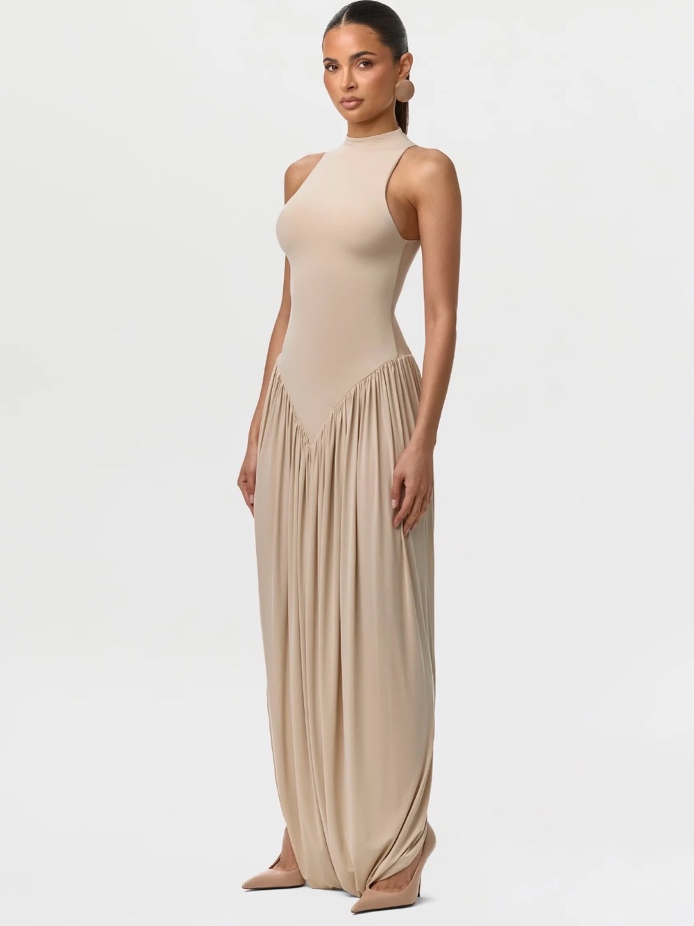 naked wardrobe Beige High-Neck Sleeveless Maxi Dress